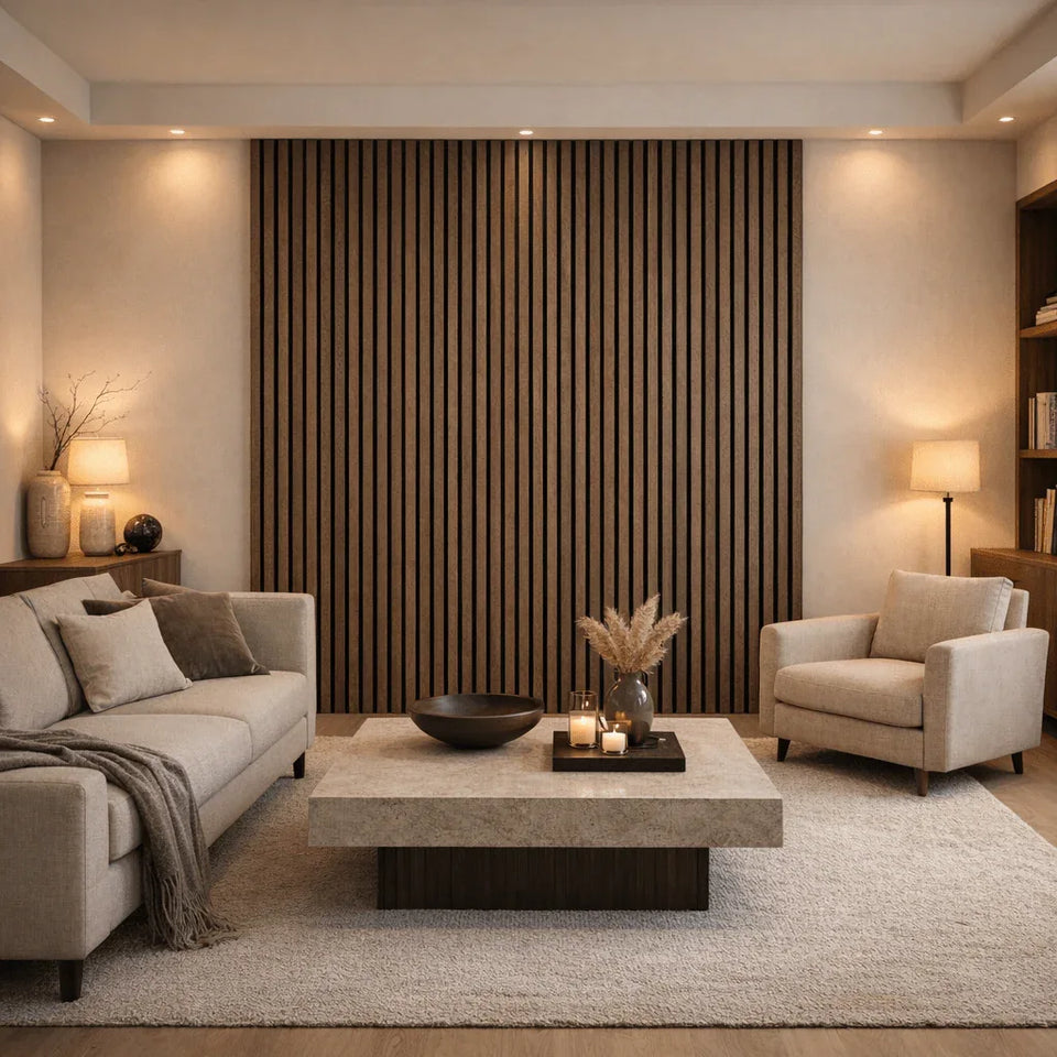 Wohnzimmer mit Akustikpaneelen Eiche Schwarz geölt