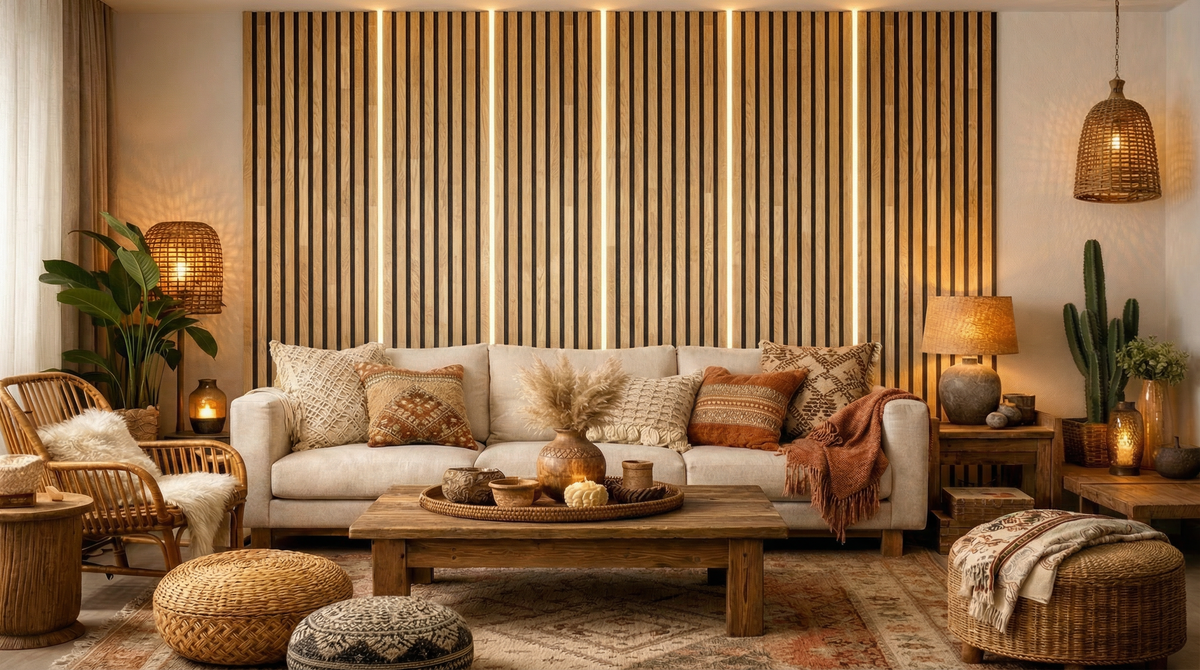 Wohnzimmer mit Sofa, Teppich und Pflanzen vor einer Wand aus senkrechten Holzlamellen mit warmem Licht