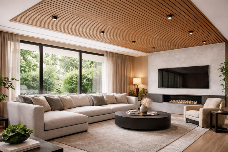 Lamellendecke aus Holz-Akustikpaneelen über dem Wohnbereich mit Sofa und Couchtisch