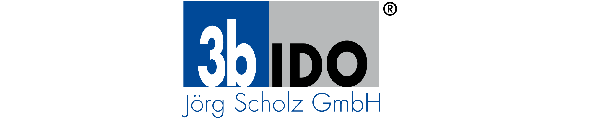 Logo „3b IDO“ mit blauem, grauem und schwarzem Schriftzug auf weißem Hintergrund und kleinem Text darunter in Blau