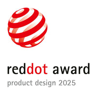Roter stilisierter Kugel-Icon mit spiralförmigen Linien und Schriftzug „reddot award product design 2025“ darunter in Schwarz und Grau