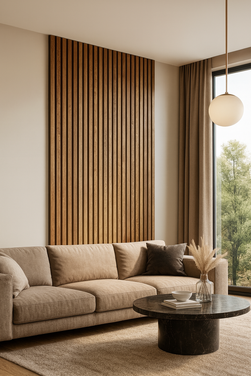 Akustikpaneele aus Eiche Natur geölt hinter dem Sofa, daneben ein großes Fenster