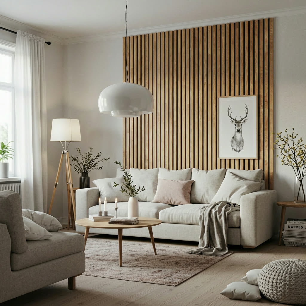 Helles Wohnzimmer mit Sofa vor einer Wand aus Massivholz-Akustikpaneelen
