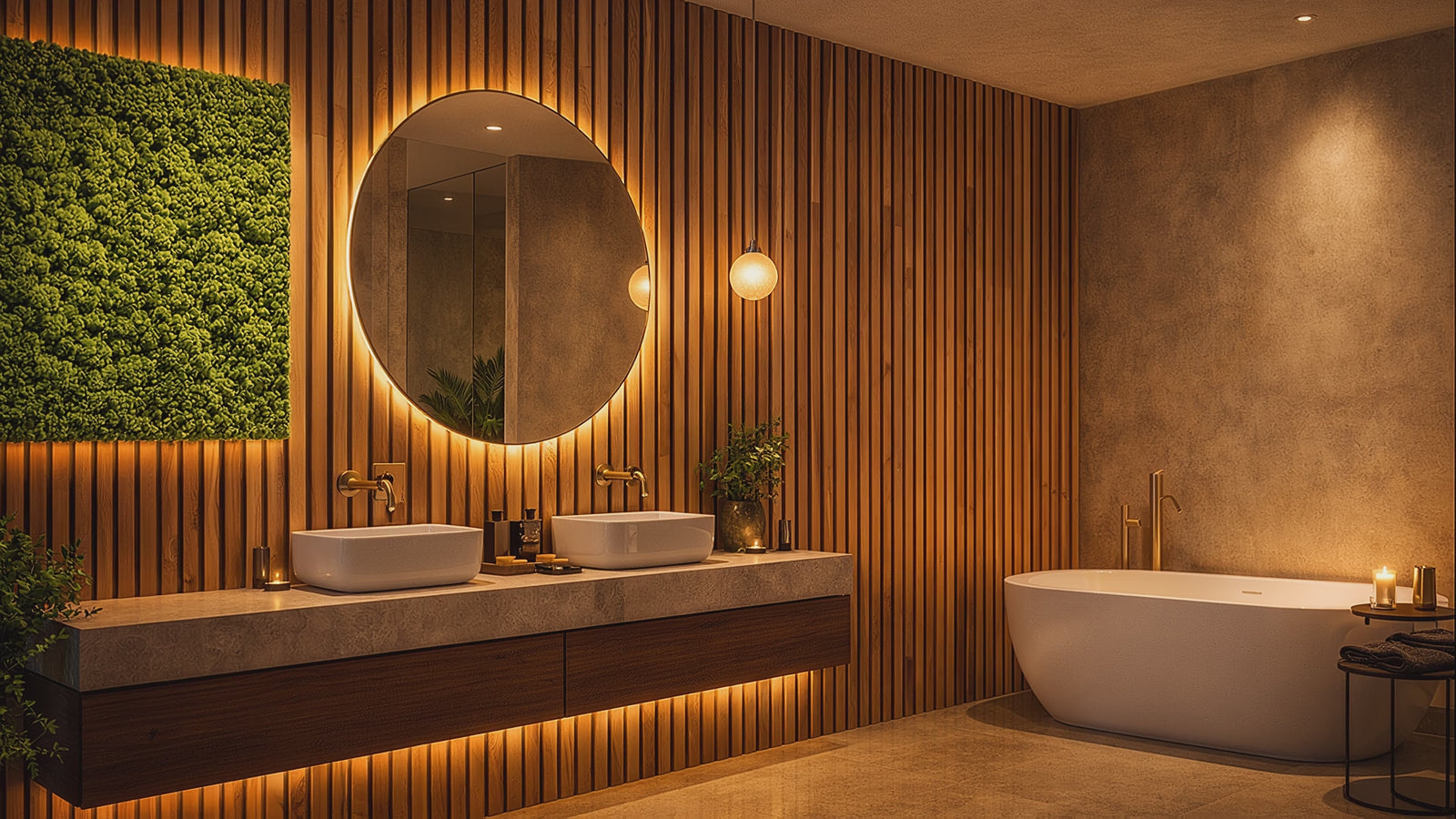 Visualisierung: Badezimmer mit hinterleuchteter Lamellenwand aus Holz, Doppelwaschtisch, rundem Spiegel und freistehender Badewanne